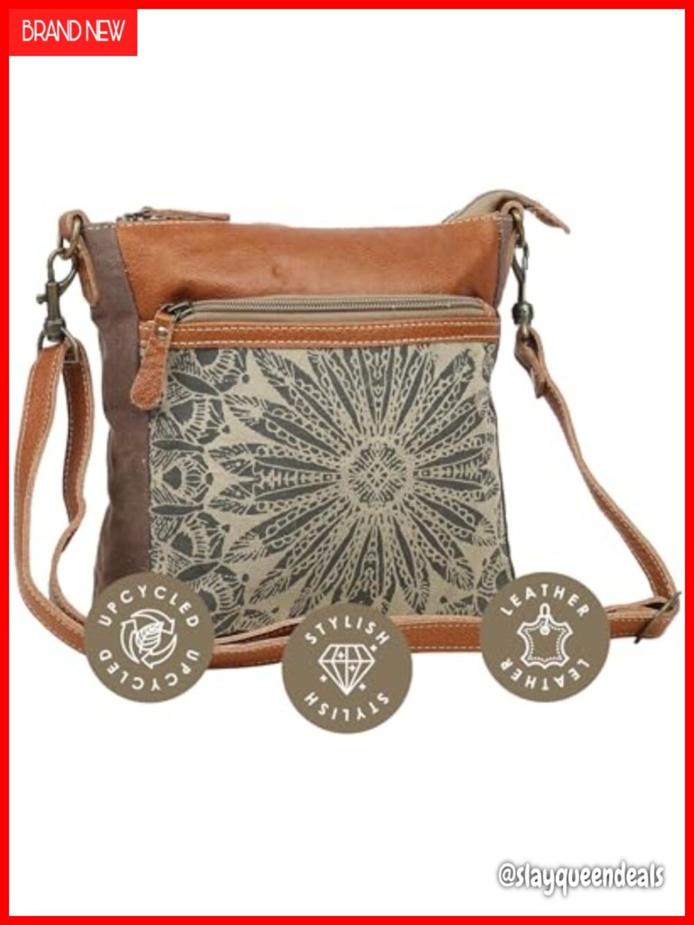 Boho Canvas Crossbody Bag with Buffalo Leather Detailing